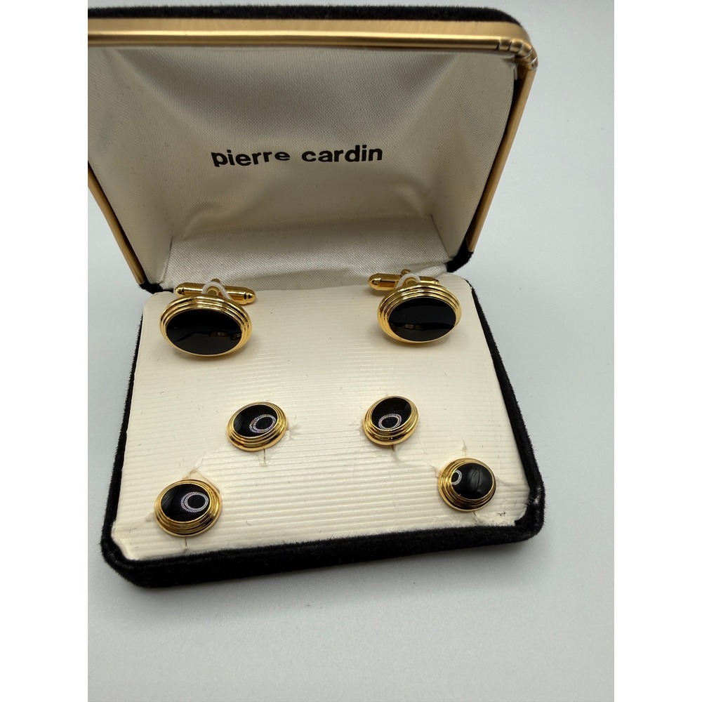 Pierre Cardin Mens Gold Tone Black Onyx Cufflinks and 4 Shirt Studs Set in Box
